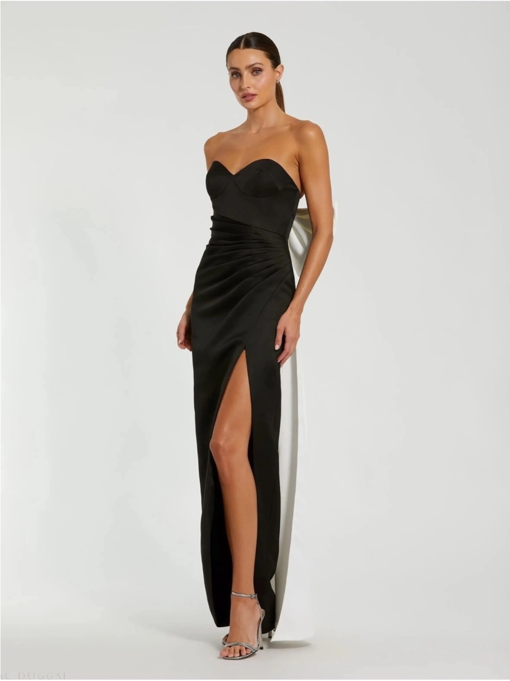 Mac Duggal 2278 Black Crepe Sleeveless Beaded V Neck Gown Bow 4